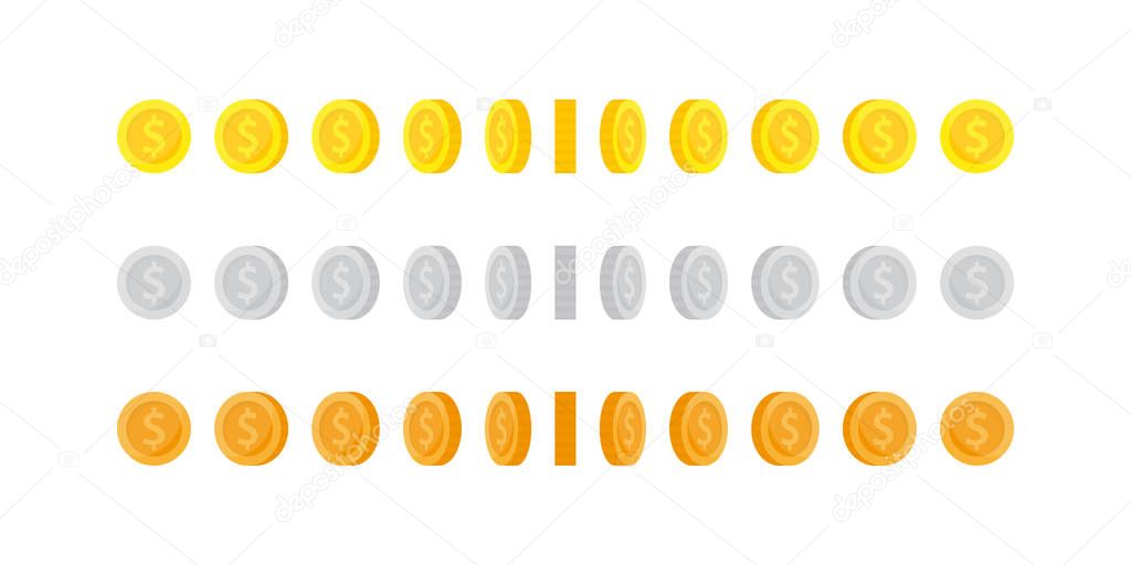 Set of vertical rotation gold, silver and bronze coins for animation.