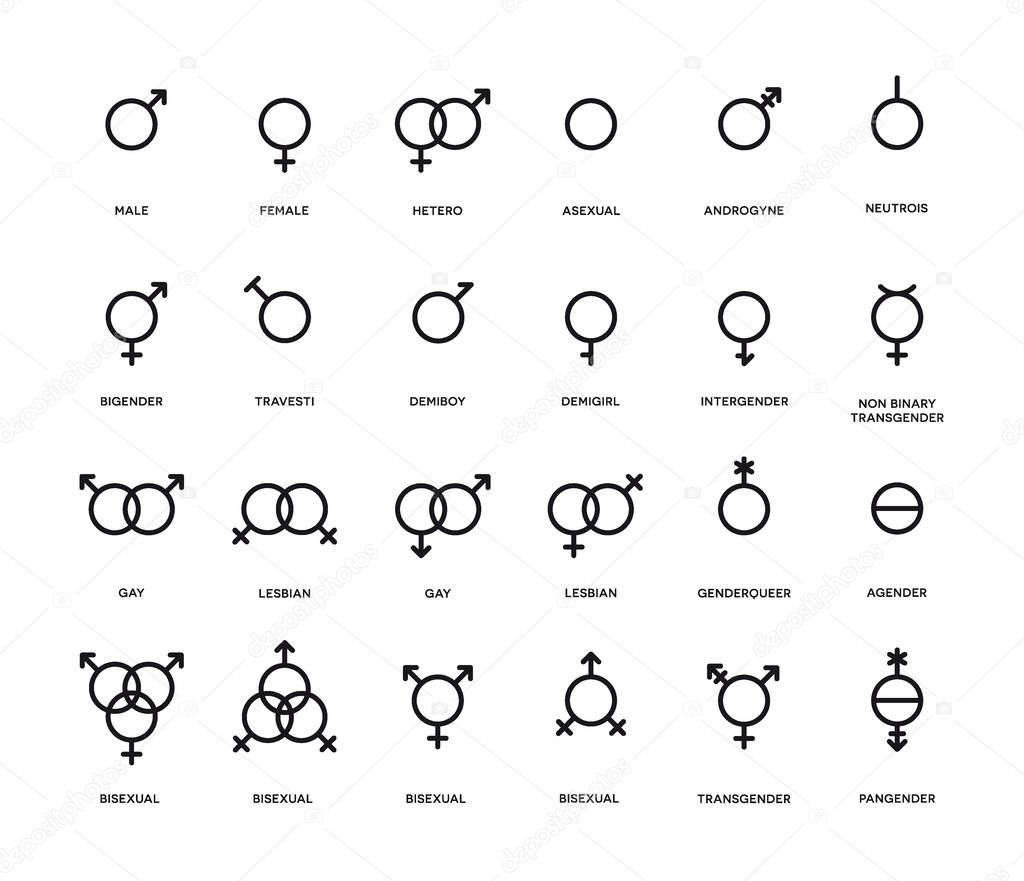 Gender symbols set. Sexual orientation icons. Male, female, transgender, gay, lesbian, bisexual, bigender, travesti, genderqueer, androgyne, asexual and more.