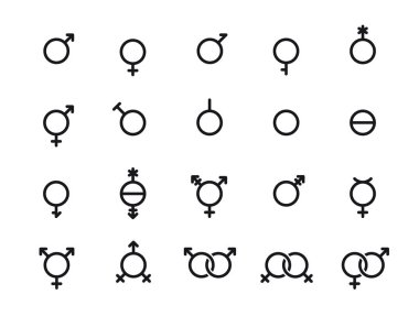 Cinsiyet sembolleri kümesi. Cinsel yönelim belirtileri. Erkek, kadın, transseksüel, çift cinsiyetli, travesti, genderqueer, androgyne ve daha fazlası.