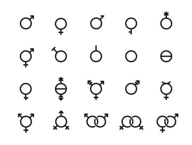 Set of gender symbols. Sexual orientation signs. Male, female, transgender, bigender, travesti, genderqueer, androgyne and more. clipart