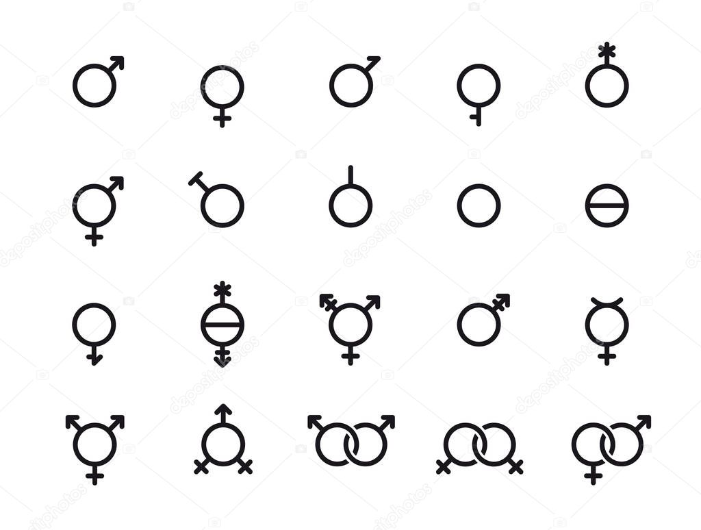 Set of gender symbols. Sexual orientation signs. Male, female, transgender, bigender, travesti, genderqueer, androgyne and more.