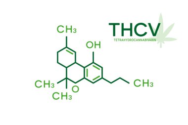 Thcv moleküler formülü. Beyaz arka plan üzerinde tetrahidrokanabivarin molekül yapısı.