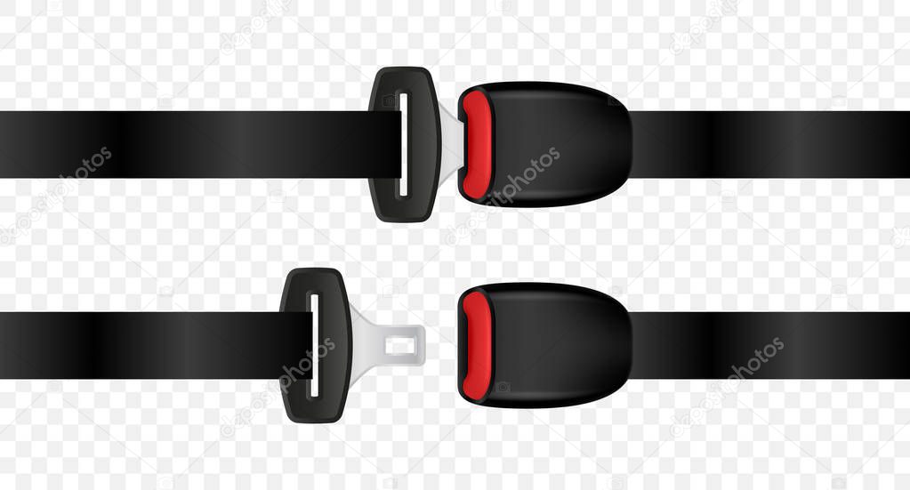 Realistic automobile open and closed seat belts. Set of fixed and unlocked seat belt