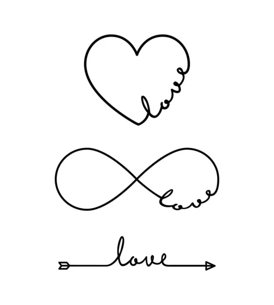 Amor - palavra com símbolo de infinito, coração desenhado à mão, uma linha de seta preta. Desenho minimalista de ilustração de frase — Vetor de Stock