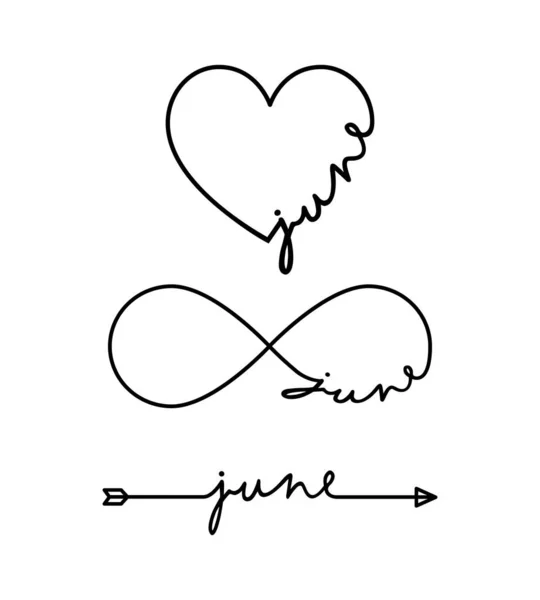 Junio - palabra con símbolo infinito, corazón dibujado a mano, una línea de flecha negra. Dibujo minimalista de la ilustración frase — Vector de stock