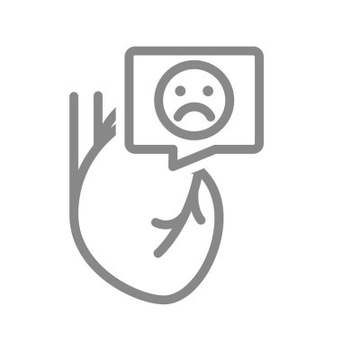 Konuşma baloncuğu simgesinde üzgün yüzlü bir kalp. İç organ, koroner kalp hastalığı sembolü.