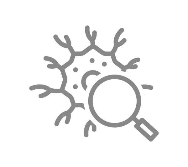 Célula nerviosa con icono de línea de lupa. Investigación de tejidos neuronales, análisis de salud, símbolo de prevención de enfermedades — Vector de stock