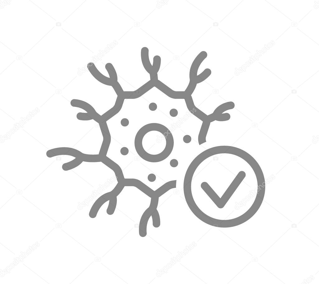 Neuron with tick checkmark line icon. Healthy neural tissue, nerve cell check symbol
