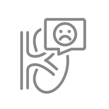 Sohbet baloncuğu simgesinde üzgün suratlı bir böbrek. Kan sembolünü filtrelemek için hastalık organı