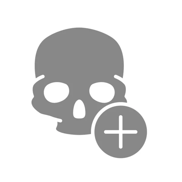 Calavera con icono gris más. Estructura ósea de la cabeza, símbolo del cráneo — Vector de stock