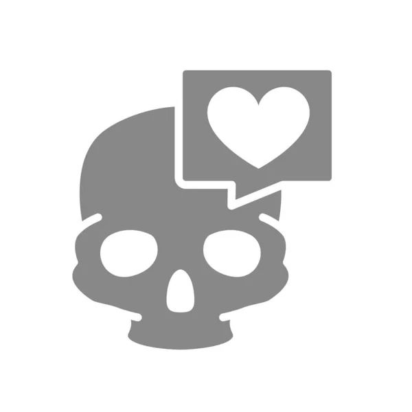 Skull with heart in speech bubble grey icon. Bone structure of the head, cranium symbol — Stock Vector