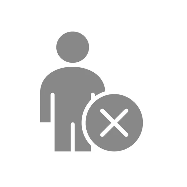 Homem com ícone cinza marca de verificação cruzada. Perfil do usuário, símbolo rejeitado empregado — Vetor de Stock