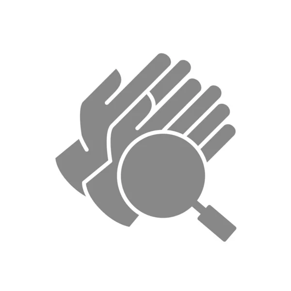 Guantes médicos con icono gris lupa. Investigación protectora, símbolo de prevención de epidemias — Vector de stock