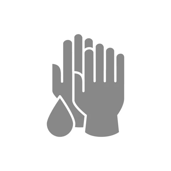 Medische handschoenen met desinfecterende druppel grijs pictogram. Schoonmaakartikelen, handontsmettingssymbool — Stockvector