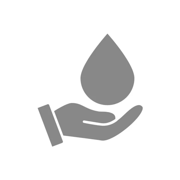 Gota de água no ícone cinza mão. Fornecimento de limpeza, símbolo de desinfecção das mãos — Vetor de Stock