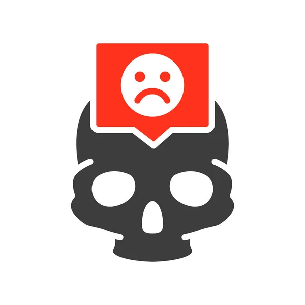 Skull with sad face in speech bubble colored icon. Bone structure of the head, cranium symbol — Stock Vector