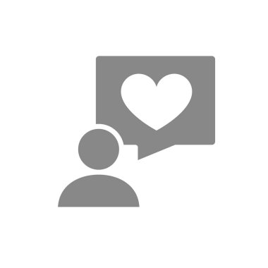 Konuşma balonu gri ikonunda kalbi olan bir insan. Aşk hakkında diyalog, geri bildirim sembolü gibi.