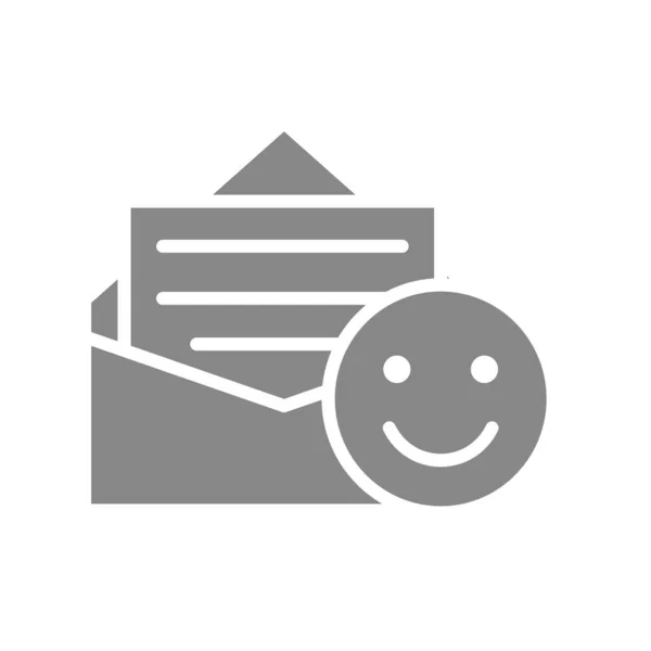 Retroalimentación positiva, feliz icono gris emoji. Buenas noticias en el símbolo de correo electrónico — Vector de stock