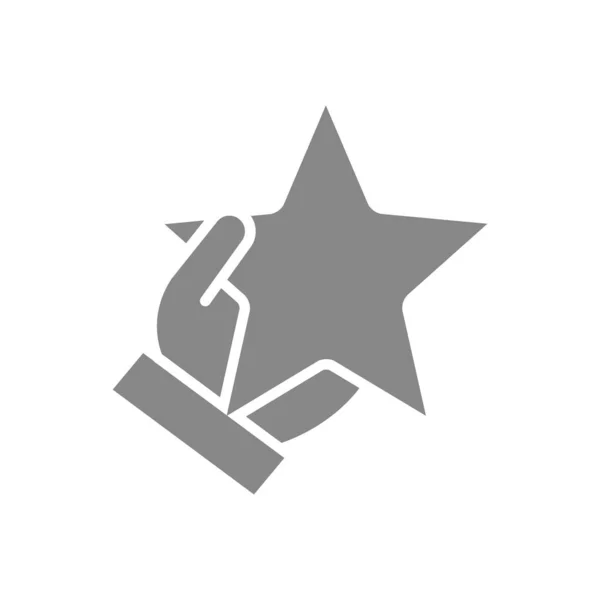 Ręka trzyma ikonę gwiazdy szarości. Opinia klienta, dodaj do ulubionych, ocena, symbol kontroli jakości — Wektor stockowy