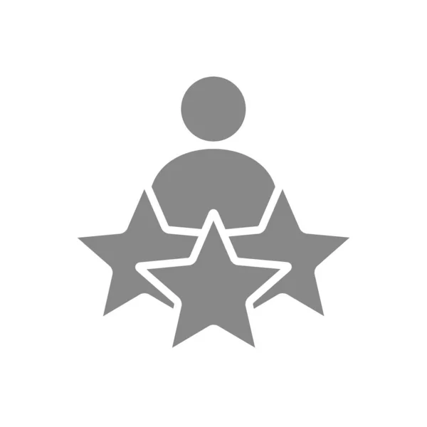 Człowiek i trzy gwiazdki, ikona oceny szarości. Recenzje użytkowników, opinie użytkowników, dodaj do ulubionych, symbol kontroli jakości — Wektor stockowy