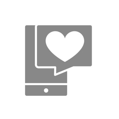 Kabarcık ve kalp grisi ikonlu akıllı telefon. Müşteri değerlendirmesi, aşk mesajı, derecelendirme, ifade sembolü gibi.