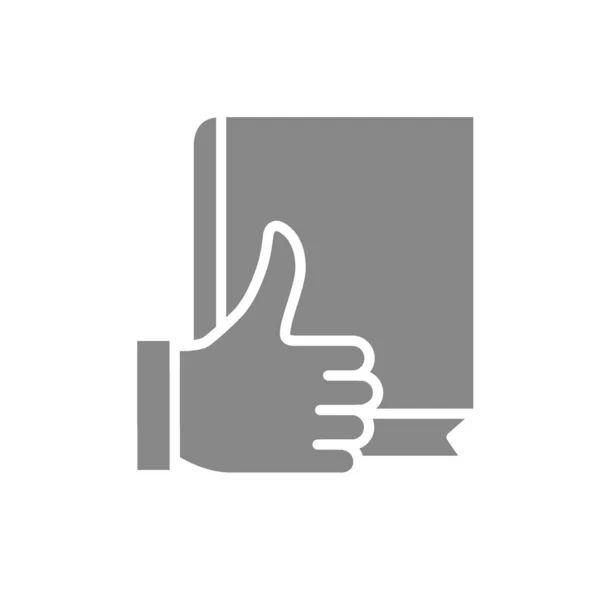 Buch mit erhobenem grauen Daumen. Bestes Buch, Kundenbewertung, User Feedback Symbol — Stockvektor
