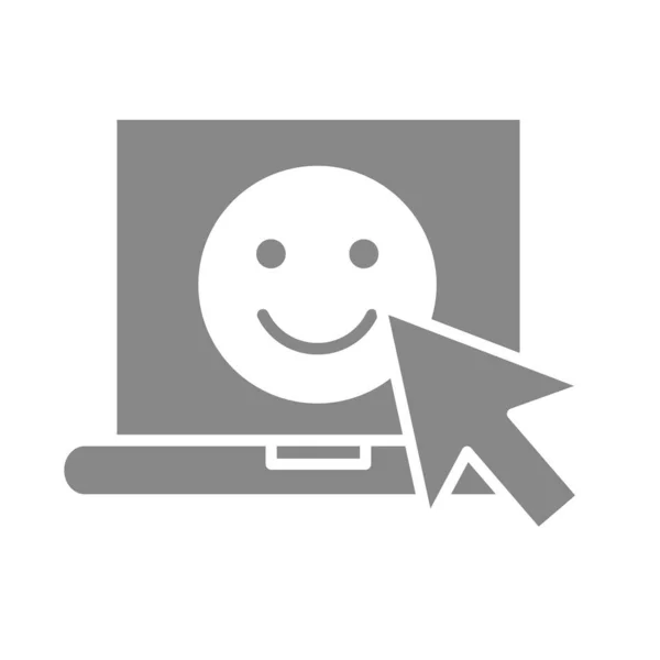 Portátil con cara feliz y cursor flecha icono gris. Emoji en la pantalla, símbolo de satisfacción del cliente — Archivo Imágenes Vectoriales
