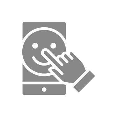 Mutlu yüzlü akıllı telefon ve el imleci gri simge. Müşteri memnuniyeti sembolü.