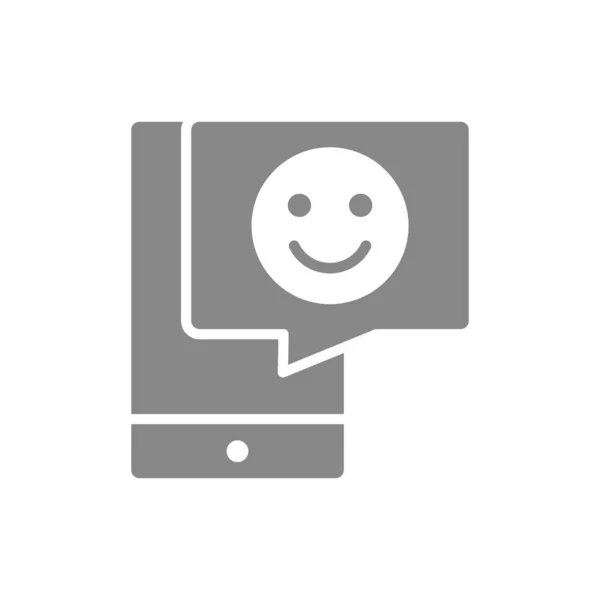 Smartphone con cara feliz en el icono gris burbuja de chat. Símbolo de satisfacción del cliente. — Archivo Imágenes Vectoriales