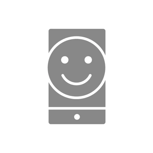 Smartphone con icona grigia faccia felice. Felice simbolo del cliente. — Vettoriale Stock