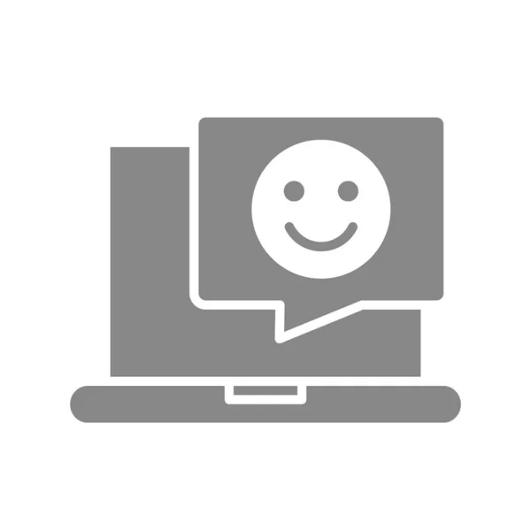 Portátil con cara feliz en el chat burbuja icono gris. Símbolo de satisfacción. — Archivo Imágenes Vectoriales