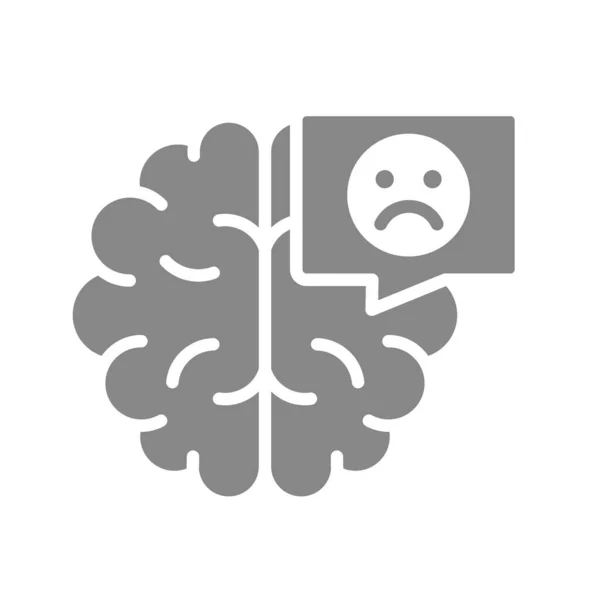 Hersenen met droevig gezicht in chat zeepbel grijs pictogram. Ziekte inwendig orgaan symbool. — Stockvector