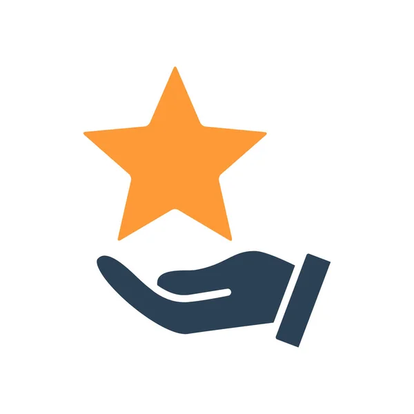Ręka trzyma gwiazdę na palmowej ikonie. Charytatywność, dodaj do ulubionych, recenzja klientów, symbol oceny — Wektor stockowy