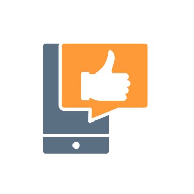 Konuşma baloncuğunun renkli simgesiyle başparmağıyla akıllı telefon. Müşteri incelemesi, geri bildirim, ileti sembolü