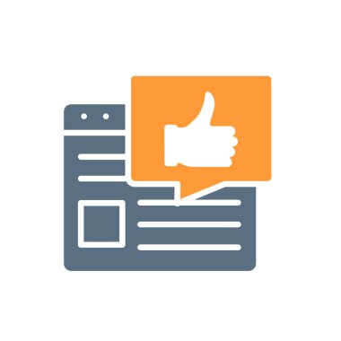 Başparmağı renkli simgelerle dolu bir web sayfası. En iyi reklam, geri bildirim, değerlendirme sembolü