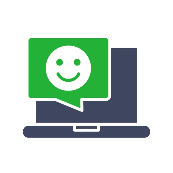 Laptop with happy face in chat bubble colored icon. Customer satisfaction, positive feedback, online message symbol — Stock Vector