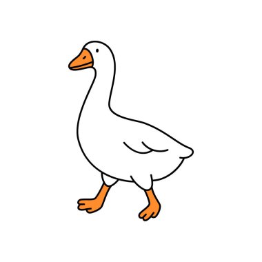 Çizgi filmlerdeki gibi beyaz bir kaz tek ayağı havada ileri doğru yürüyor. Temiz siyah çizgiler ve turuncu detaylarla basit ve dinamik vektör.