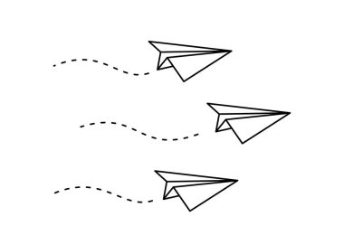 Dalgalı kesikli yollarla ilerleyen üç kağıttan uçağın ana hatları temiz. Basit minimalist stil koordineli hareketi, yönü ve basitliği sembolize eder.