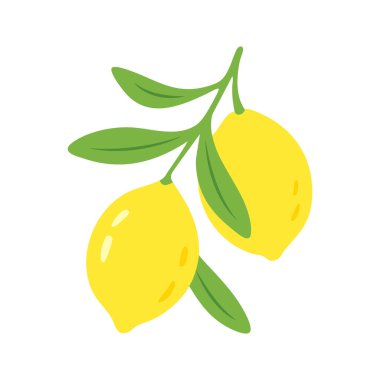 Taze yeşil yapraklı bir daldan çıkan iki limonun minimalist çizimi. Gıda içeriği, organik markalaşma veya sağlıklı yaşam tarzı görselleri için idealdir..