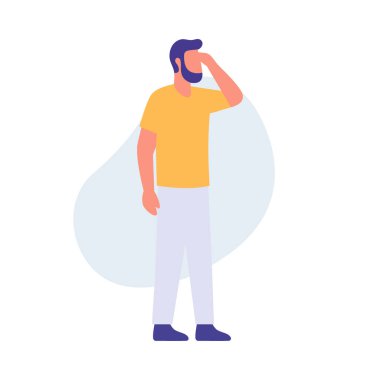 Sakallı, sarı tişörtlü, gözleri perdeleyen, geleceği gören bir adam. Arama, görme ve gelecekteki fırsatları araştırmayı sembolize eden düz vektör illüstrasyonu.