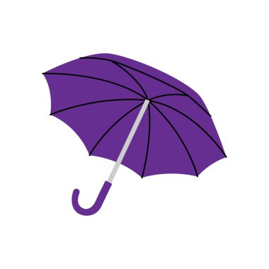 Eğri saplı mor şemsiyeli zarif düz bir vektör. Temiz modern tasarım yağmur korumasını, stili ve pratiği temsil ediyor. İzler, desenler ve dijital dekor için ideal.