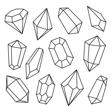 Kristaller belirlendi. Gemstone, ametist, yakut, safir, zümrüt, topaz ve kuvars. Vektör çizimi. Beyaz arkaplanda izole