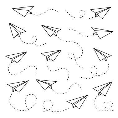 Girdap şeklinde çizgileri olan kağıt uçakların ana taslak çizimi. El yapımı minimalist stil yaratıcılığı, yönü, özgürlüğü, hareketi ve keşfi sembolize eder..