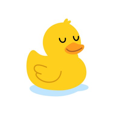 Huzurlu gözleri olan basit plastik ördek. Çocuk tasarımları, posterler ve eğlenceli eşyalar için eğlenceli ve sevimli bir illüstrasyon..