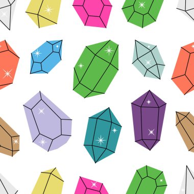 Lüks kristaller deseni. Gizemli, gizemli, sihirli ya da iyileştirici kristaller. Gemstone, ametist, yakut, safir, zümrüt, topaz ve kuvars. Vektör çizimi. Beyaz arkaplanda izole