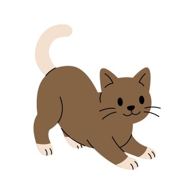 Neşeli bir poz veren mutlu kahverengi çizgi film kedisi. Düz vektör tasarımı, çocuk projeleri, evcil hayvan temaları, çıkartmalar, hayvan sanat eserleri ve yaratıcı çizimler için ideal.