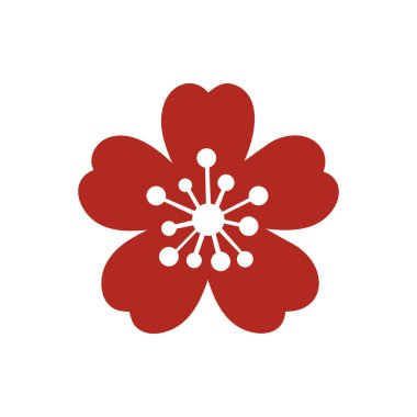 Düz kırmızı kiraz çiçeği çiçek vektör simgesi. Basit çiçek çizimi, bahar temaları için mükemmel Japon esinlenilmiş tasarımlar, dekorasyon, doğa ve mevsimlik sanat eserleri..