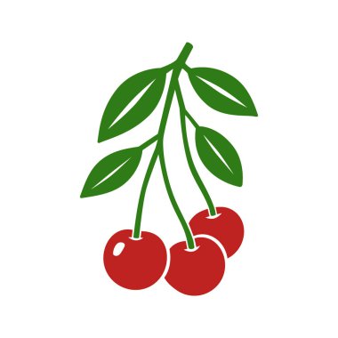 Üç kırmızı meyve ve yeşil yapraklı kiraz dalı. Yaz için meyve tasarımları, yemek projeleri, sağlıklı beslenme ve dekoratif kalıplar için mükemmel..