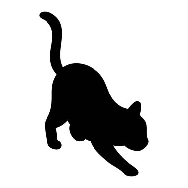 Çizgi film kedisi silueti. Basit siyah vektör çizimi logolar, simgeler, Cadılar Bayramı temaları, çıkartmalar ve evcil hayvanlarla ilgili yaratıcı projeler için mükemmeldir..