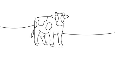 Eğimli bir peyzaj çizgisi üzerinde duran bir ineğin tek sıra vektör çizimi. Markalaşma, ambalaj ya da dekor için minimalist stilize yaklaşım ideal